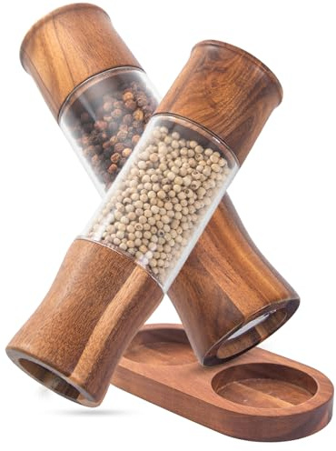 Macina sale e pepe in legno, set da 2 pezzi, macinaspezie con meccanismo in ceramica, sale e pepe con sottobicchiere, macinapepe regolabile, per spezie, pepe sale