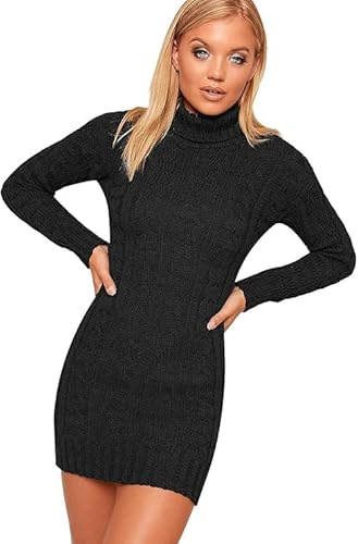 FASHIONGURU Women’s Polo High Neck Long Sleeve Cable Knitted Jumper Dress – Bodycon Winter Sweater Dress (UK, Numeric, 8, 14, Regular, Regular, Black)