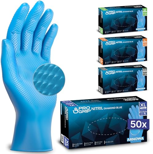 PROGRIP engångshandskar blå, engångshandskar extra starka, nitrilhandskar XL, 2x tjockare, engångshandskar med diamantstruktur, arbetshandskar för verkstad, industri & montering, 50 st/box
