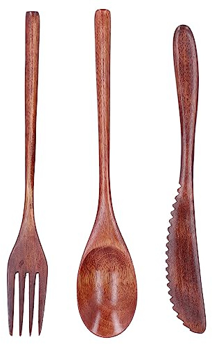 Set posate in legno, 3 pezzi, coltello 21,5x2,5 cm, forchetta 22,5x3 cm, cucchiaio 22,5x3,8 cm, legno di teak, leggere e portatili, posate da dessert riutilizzabili, con coltello,