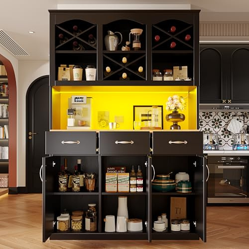 Ligterra Armadio da cucina, armadio alto, vetrinetta, buffet da cucina alto, buffet multiuso, armadietto per snack, mobile contenitore con TRE ante, TRE cassetti e illuminazione LED, nero