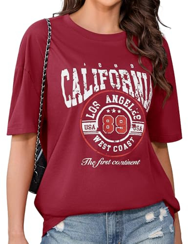 PASUDA Tee Shirt Femme Oversize à Manches Courtes Haut Coton Col Rond Grande Taille T-Shirts à Imprimé Rétro Ample T Shirt Été de Sport Casual Chic Tops (Bordeaux, M)