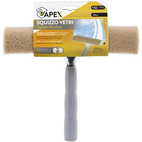 Apex Rasqueta limpiacristales con Esponja y Goma, Estructura de Metal, Mango ergonómico, Casquillo para Mango de Escoba, quizzo Cristales 20 cm