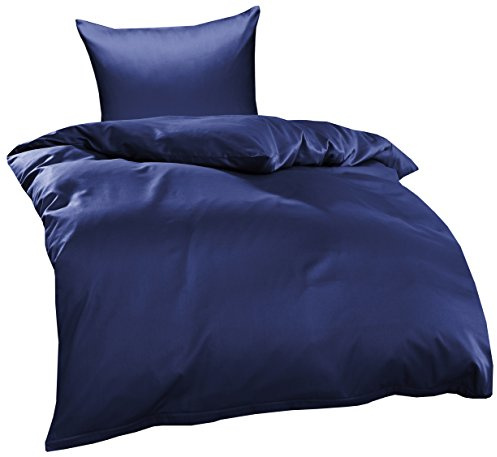 Bettwaesche-mit-Stil Mako Interlock Jersey Bettwäsche Garnitur Uni/enfarbig 100% Baumwolle 135x200 + 80x80 cm, Dunkelblau