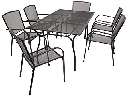 DEGAMO Gartengarnitur Classic 7-teilig, 6X Stapelsessel und 1x Tisch 90x150cm rechteckig, Streckmetall anthrazit beschichtet