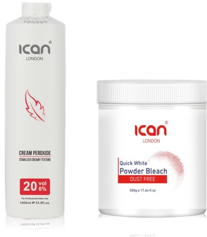 ICAN LONDON PROFESSIONAL CREAM PEROXIDE 20 VOL 6% 1000 ML + WHITE POWDER BLEACH (JAR)500 G SET