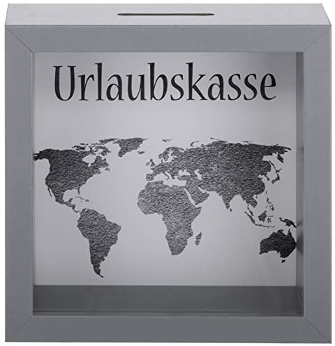 Brandsseller Spardose Urlaubskasse Sparbüchse Bilderrahmen Design mit beschrifteten Sichtfenster und Weltkarte Grau