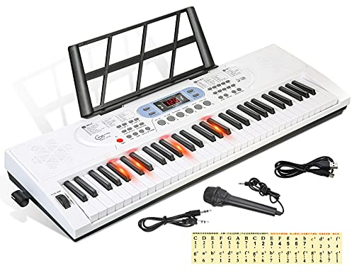 Hricane 61 Tasten Piano Keyboard mit Mikrofon Notenständer & Klaviernote Elektronische Digitale leuchttasten kibord, Geschenk für Anfänger Jungen Mädchen Erwachsene Männer Frauen, HEP-669W
