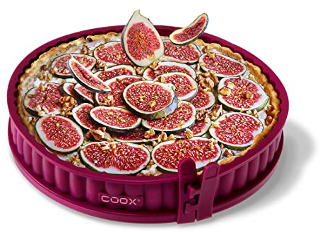 coox Stampo per quiche con fondo in vetro, diametro 26 cm, colore rosso scuro, perfetto per cuocere e tagliare direttamente sul fondo di vetro