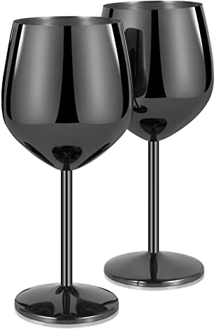 Livole 18oz 550ml Stainless Steel Wine Glasses, Elegant Goblet, Unbreakable Wine Glasses for Cocktail, Champagne, Camping Wine Glass Set of 2, Red Wine Glass for Travel, Picnic, Party, Gloss Black