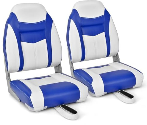 SPOTRAVEL Boat Seat, Folding Fishing Boat Chair with Long Fixation Strap, Marine Captain Seat for Fishing & Sailing (High Back, 10cm Thich Cushion, Blue, 2Pcs)