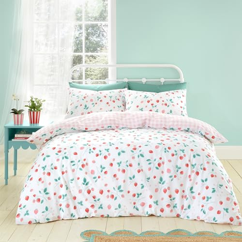 Catherine Lansfield Strawberry Garden Reversible King Duvet Cover Set with Pillowcases White Red