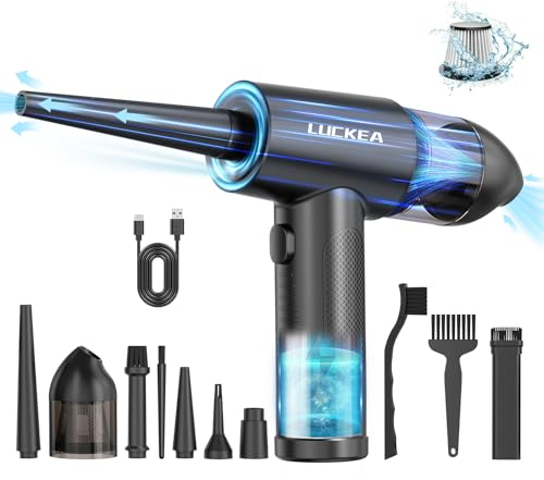 Elektrische Staubgebläse Druckluftspray für PC Reinigung - 3-Gang Air Duster mit 6000 mAh Akku, 5 Blasdüsen 2 Vakuumdüsen, 3 Antistatikbürsten, Compressed Air Luftdruckspray für Elektronik Sofa Auto