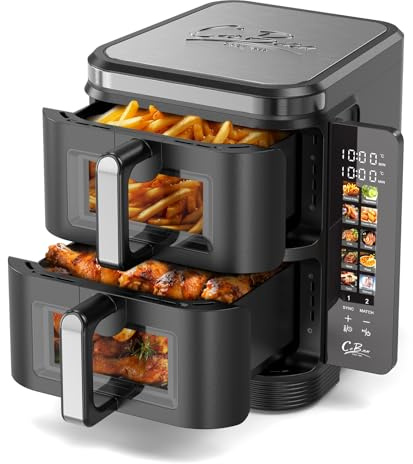 COBNN Heißluftfritteuse 2 Kammern übereinander, 11L Airfryer Doppelkammer mit Sichtfenster und Faltbarem Touchscreen, 10-in-1, V0-flammhemmendes Material, 2800W
