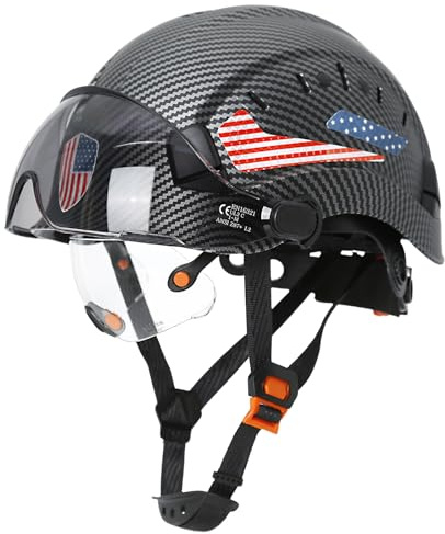 Perldverge Construction Hard Hat with Visor - Matte Black Carbon Fiber Hard Hat OSHA Approved with Face Shield and Visor, Construction/Forestry/Arborist Safety Helmet with Chin Straps 6pt Suspension