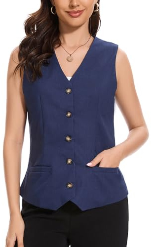 YOUNIFIZ Chaleco de lino ligero para mujer, cuello en V, bolsillo, con botones, para trabajo, casual, sin mangas, azul marino, M