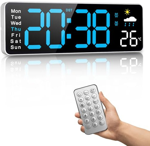 Digital väggklocka, 12-tums digital klocka med fjärrkontroll, veckovis tid och automatisk dimfunktion, temperatur, väderrapport, timer, för vardagsrum/klassrum/gym/kyrka/företag