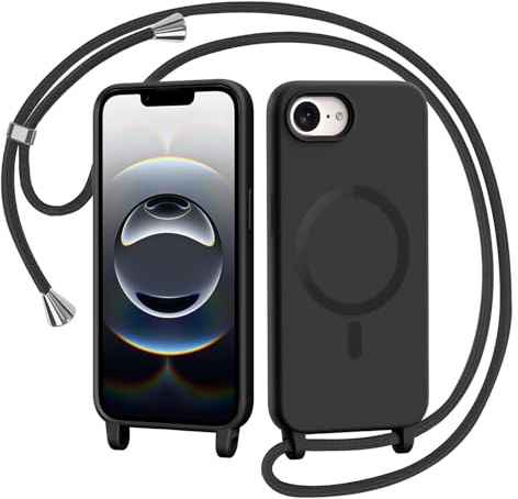 AOMYKE Coque Magnétique pour iPhone 16e / iPhone 17e avec Cordon, Compatible avec MagSafe Collier Étui Silicone Liquide avec Tour de Cou Lanière en Corde Souple TPU Antichoc Housse, Noir