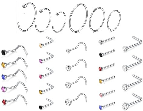 Aestustheri 30 Pcs Nose Studs - Silver Nose Rings - Surgical Stainless Steel Nose Piercing Jewelry - L-Shape Nose Studs with Cubic Zirconia - For Women & Men - Multicolor Gift Set Nose Piercing
