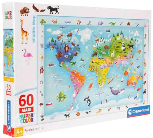 Clementoni - Puzzle per Bambini 60 Pezzi Supercolor, per Bambini 4+ Anni, Illustrazione Animali Wildlife Map, Idea Regalo, Made in Italy, 62x42 cm, 26072