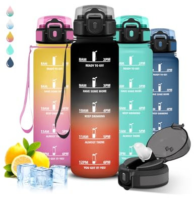 Gourde 1l Sport, Anti Fuite, Gourde Graduée pour 1 Journee, Facile à Nettoyer, Réutilisable, Bouteille Adulte avec Marqueur de Temps, pour Aptitude, Camping, Yoga, Voyages