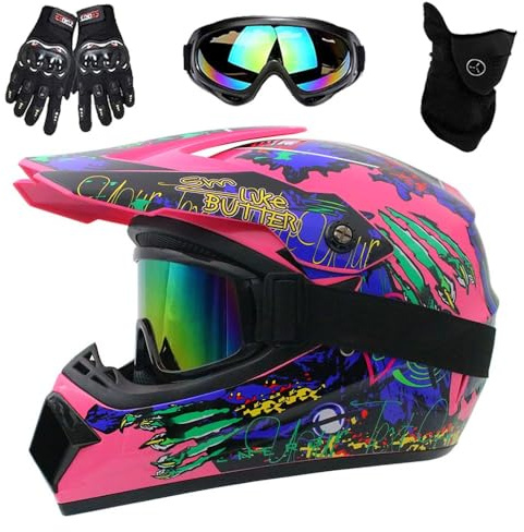 Motorradhelm, DOT-Zertifizierter Integralhelm für Dirtbikes, für Kinder, Jugendliche und Erwachsene, Motocross-Helm Mit Maske, Schutzbrille und Handschuhen(Pink Claw,M(54-55cm))
