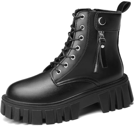SANNAX Womens Boots Ankle Boots Side Zipper Flatform Casual Boot Shoes Ladies Classic Lace-up Chunky Boots, Black 05, 5UK