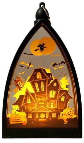 Farolillos de Halloween – Farol para casa con esqueleto, calabaza y castillo embrujado – Centro de mesa ornamentales para decoración de interior exterior patio jardín camping y porche