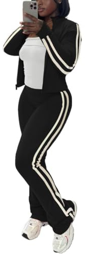 HBQ Women's 2 Piece Sweatsuit Zip Up Crop Top Flare Pants Striped Tracksuit