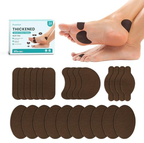 Promifun Blister Prevention Tape - Pre-Cut Blister Bandages for Feet Heel Shoes Padding,Moleskin Pads for Feet Mole Skin Patch -Traveling Essential-24 Pieces of 4 Shapes,Brown
