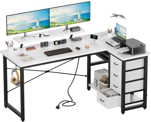 Devoko Escritorio Esquinero en L, Escritorio de Esquina con 4 Cajón Reversible, 160x80 cm Mesa Ordenador y con Puerto de Carga USB y Toma de Corriente para Hogar, Estudio o Secretaría, Blanco