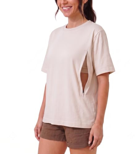 Soulmum amningströja med dragkedja – amnings t-shirt mammamode damer | Bekväm amnings skjorta med dold dragkedja – amnings tröjor damer av fin bambutröja – kortärmad mammaskjorta