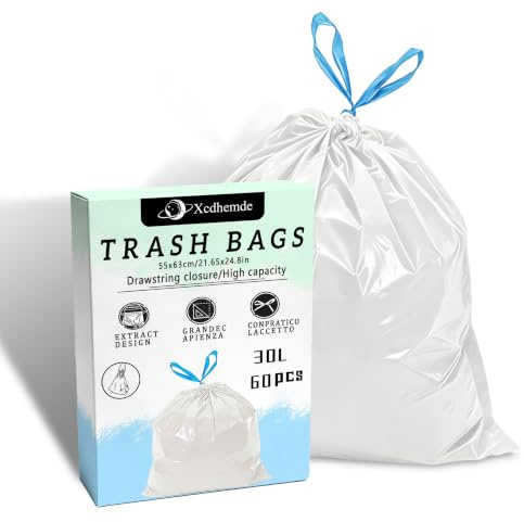 Xcdhemde® 60 Soppåsar 30 Liter med Dragsko | Mått: B 55 x H 63 cm, Multipack: 6 Rullar x 10 Påse, Rivtåliga & Läckagesäkra, för Sovrum, Badrum, Vardagsrum, Kontor