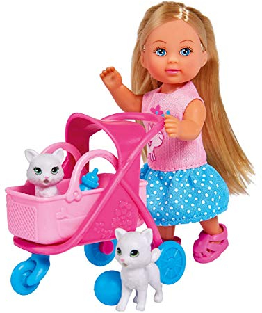 Simba 105733348 - Evi Love Cat Buggy, mit Zwei Katzen im Katzenbuggy, herausnehmbare Tasche, Zubehör, Ankleidepuppe, 12cm, für Kinder ab 3 Jahren