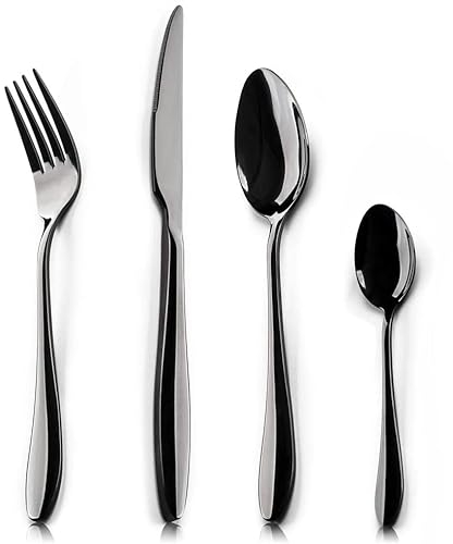 HaWare 24 Piece Black Cutlery Flatware Set, Stainless Steel Silverware with Knife Spoon Fork, Service for 6, Mirror Finish, Dishwasher Safe