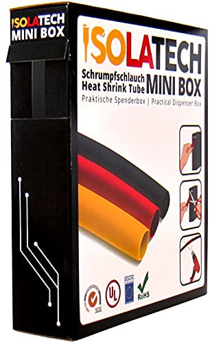 ISOLATECH tubo termorestringente 3:1 Mini Box senza adesivo nero Ø6mm 5 metri per auto USB riparazione imballaggio isolante resistente ai raggi UV rotolo non etichettato in pratica scatola dispenser