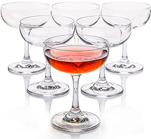 FAWLES Crystal Coupe Glasses, Set of 6, 8 Ounce(220ml), Elegant Short Stem Design, Clear Cocktail Glasses Sets Perfect for Drinking Champagne, Sweet Wine, etc.