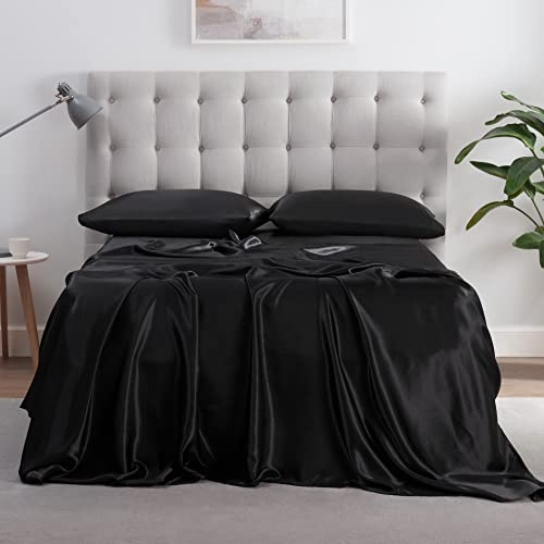 Serta SatinLuxury 4 st mjuk lätt djup ficka sängkläder silkeslent satinlakan set med örngott, drottning, svart
