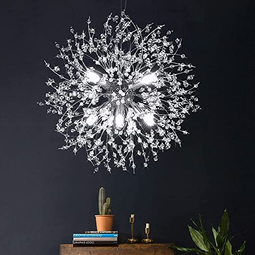 Lámparas de araña de fuegos artificiales modernas, lámpara colgante de diente de león, 8 luces G9, accesorios de aleación, con bombilla y 32 cuerdas de cristal, tienda (luz fría, plata)