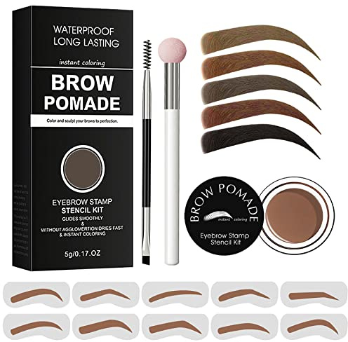 Eyebrow Stamp Stencil Kit - for Waterproof Eyebrows Makeup, Eyebrow Stamp Kit with Sponge Applicator, 10 Eyebrow Stencils, Dual-ended Brow Brush, Waterproof Eyebrow Pomade (Red Brown)