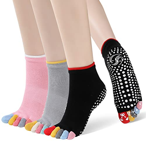 PUTUO Yoga Socken für Damen Zehensocken: Antirutsch Zehen Yogasocken Rutschfeste Baumwolle ABS Stoppersocken für Pilates Barre Ballett Tanz Fitness EU 36-39, 3 Paare