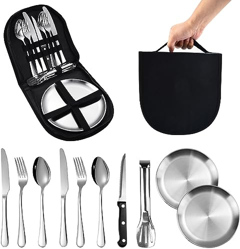 REFORUNG Ensemble de Couverts de Camping 10 Pièces Portable Couverts de Voyage en Acier Inoxydable avec Couteau Fourchette Cuillère Assiette Kit de Vaisselle pour 1-2 Personne Camping et Pique Nique