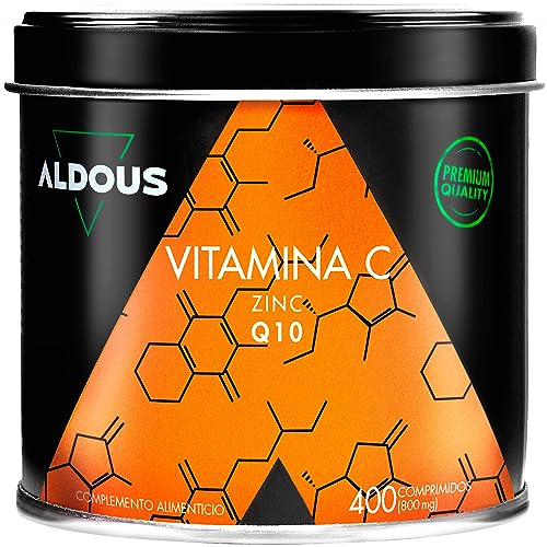 Vitamina C 1000 mg por dosis diaria + Zinc y Q10, 400 comprimidos - Vitaminas para el Cansancio, Resfriado, Sistema Inmunológico y Defensas - Vitamina C y Zinc Libre de Plástico - ALDOUS
