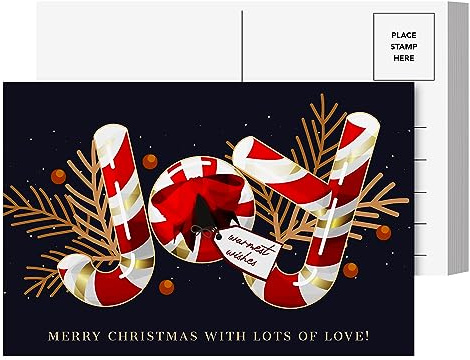 JOY Merry Christmas with Lots of Love Postcards, Xmas Holiday New Year's Cards, Blank Greetings, Invitations Complimentary for Gifts & Presents | Thick, Durable Cardstock | 4 x 6 | 25 per Pack
