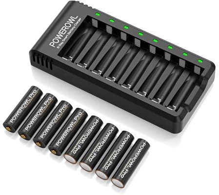 POWEROWL 8 Pcs 2800mAh Pro AA Rechargeable Batteries with 8 Slot Smart Battery Charger Set, USB Fast Charging for Ni-MH Rechargeable Batteries