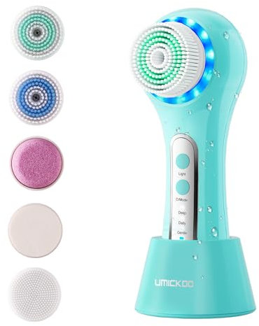 UMICKOO Electric Facial Cleansing Brush, 2-Way Rotating Face Scrubber for Daily & Deep Cleaning, 3 Modes, 5 Brush Heads, Rechargeable, IPX7 Waterproof for All Skin Types