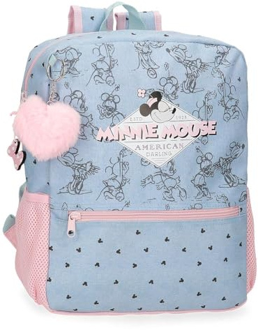 Disney Joumma Bags Minnie American Darling Zaino per bambini, blu e rosa, realizzato in poliestere, spallacci regolabili per un comodo trasporto, vari scomparti, con portachiavi pompon rosa, blu,