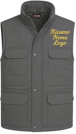 Ristohouse Gilet Imbottito da Lavoro Multitasche con Ricamo Personalizzato (IT, Testo, L, Regular, Regular, Grigio)