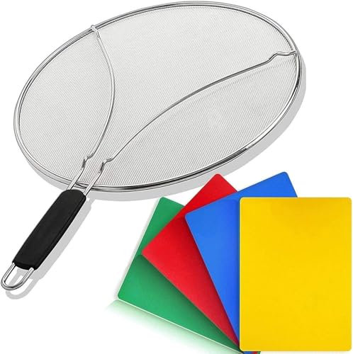 Splatter Screen for Frying Pan-33CM, Stainless Steel Grease Splatter Guard - Cover Oil Splash When Sizzling Bacon, Cooking Fried Chicken or Popcorn - with 4 Cutting Boards (33cm + 4 Cutting Boards)