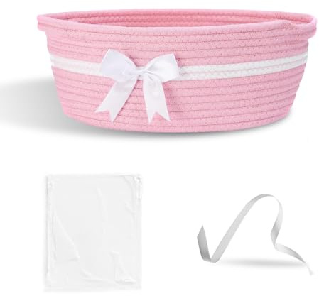 Pink Baby Hamper Basket Gift Baskets 12 Inch Woven Cotton Rope Gift Hamper Basket with Ribbons for Baby Shower Wedding Birthday 30 x 20 x 14 cm